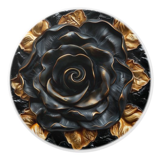 Luxe Zwart en Goud Roos Keramische Knop (Voorkant)