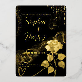 Luxe Zwart en Goud Script Folie Floral Wedding Uitnodiging