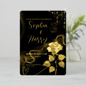 Luxe Zwart en Goud Script Folie Floral Wedding Uitnodiging (Staand Voorkant)