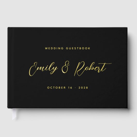 Luxe zwart en goud script foto bruiloft gastenboek (Voorkant)
