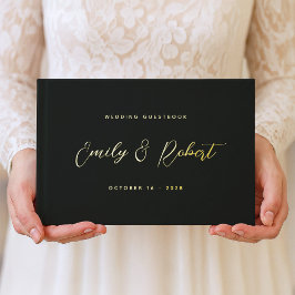 Luxe zwart en goud script foto bruiloft gastenboek