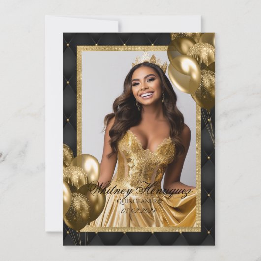 Luxe Zwart en Goud Verjaardag Foto uitnodiging (Voorkant)