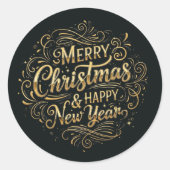 Luxe Zwart en Goud Zalig Kerstmis Schrift  Ronde Sticker (Voorkant)