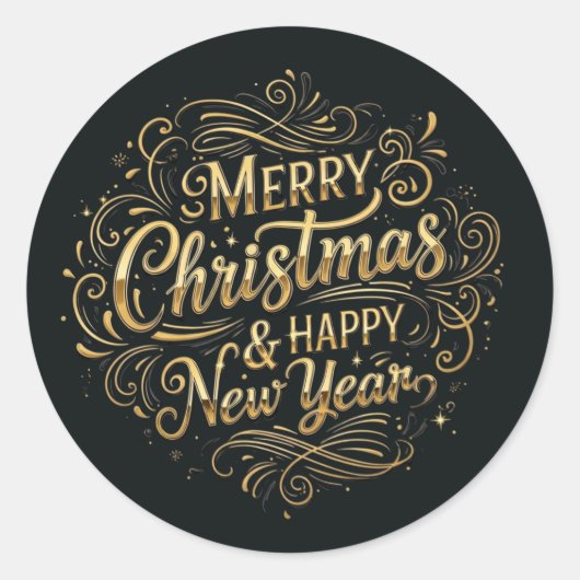 Luxe Zwart en Goud Zalig Kerstmis Schrift  Ronde Sticker (Voorkant)
