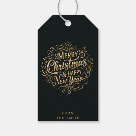 Luxe Zwart en Goud Zalig Kerstmis Script  Cadeaulabel (Voorkant)
