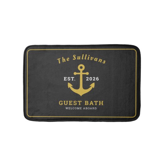 Luxe zwart en gouden anker aangepast monogram badmat (Voorkant)