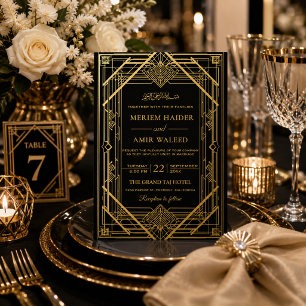 Luxe zwart en gouden Art Deco islamitische bruilof Folie Uitnodiging