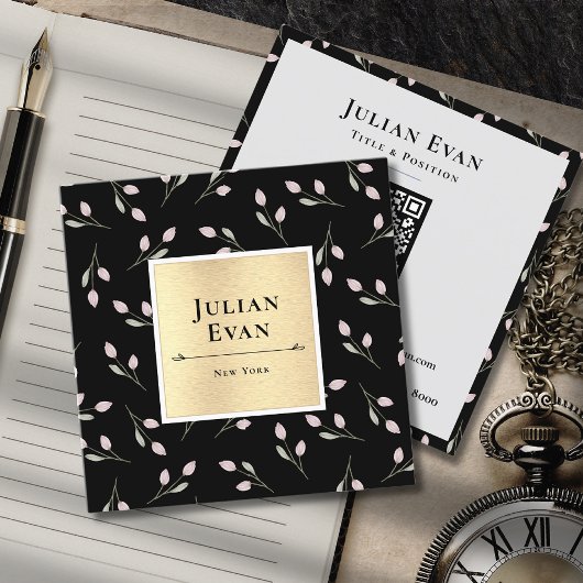 Luxe zwart en gouden bloempatroon vierkante visitekaartje