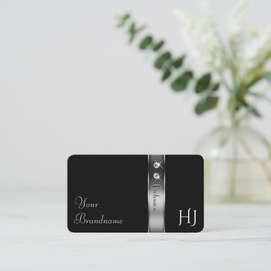 Luxe Zwart en Zilver Decoratieve Juwelen Initialen Visitekaartje (Staand voorkant)