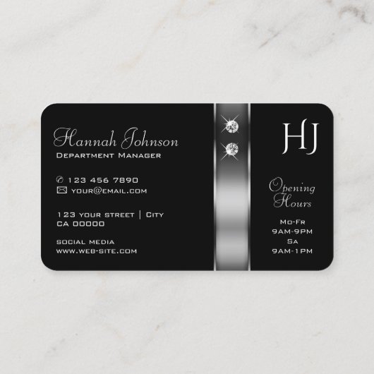 Luxe Zwart en Zilver Decoratieve Juwelen Initialen Visitekaartje (Achterkant)