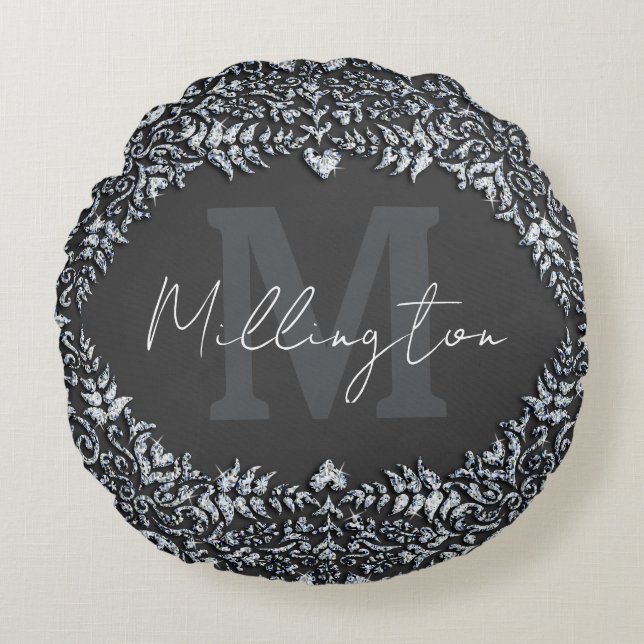 Luxe zwart en zilver diamant monogram rond kussen (Voorkant)