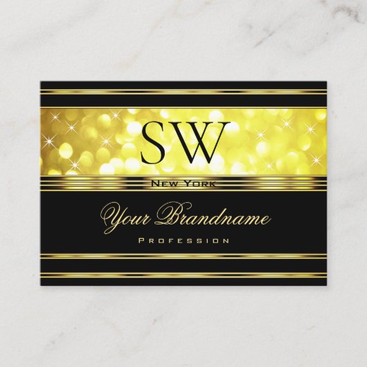 Luxe zwart geel glitter goud decor monogram visitekaartje (Voorkant)