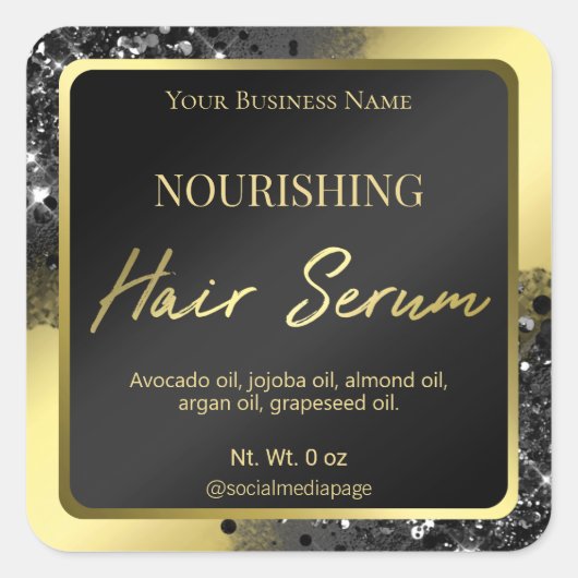 Luxe Zwart Glitter Goud Haar Serum Labels (Voorkant)