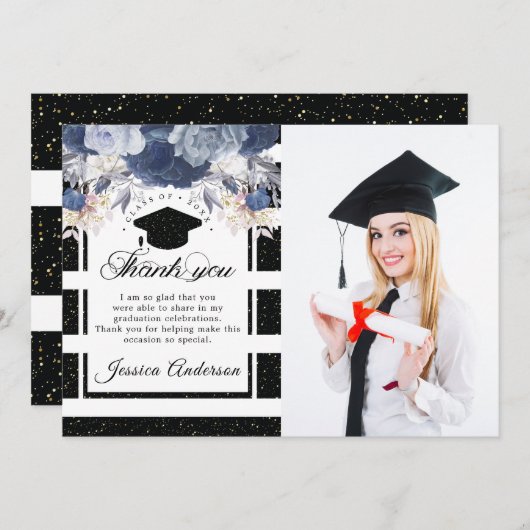 Luxe Zwart Goud Afstuderen Foto Dank u kaart (Voorkant / Achterkant)