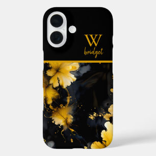Luxe zwart goud agaat bloemig iPhone 16 hoesje
