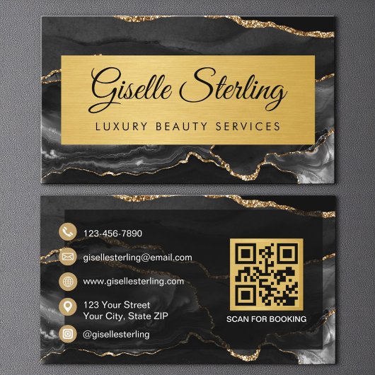 Luxe Zwart Goud Agate Glitter QR Code Visitekaartje