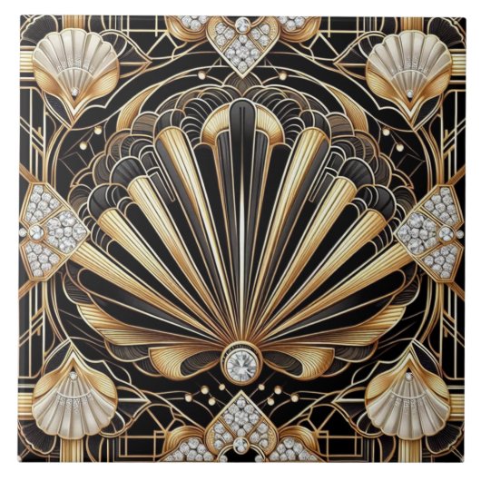 Luxe Zwart & Goud Art Deco Keramische Tegel Tegeltje (Voorkant)