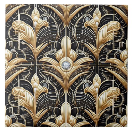 Luxe Zwart & Goud Art Deco Keramische Tegel Tegeltje (Voorkant)