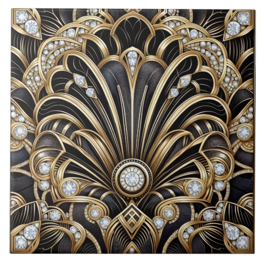 Luxe Zwart & Goud Art Deco Keramische Tegel Tegeltje (Voorkant)