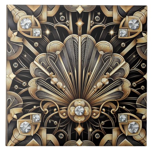 Luxe Zwart & Goud Art Deco Keramische Tegel Tegeltje (Voorkant)