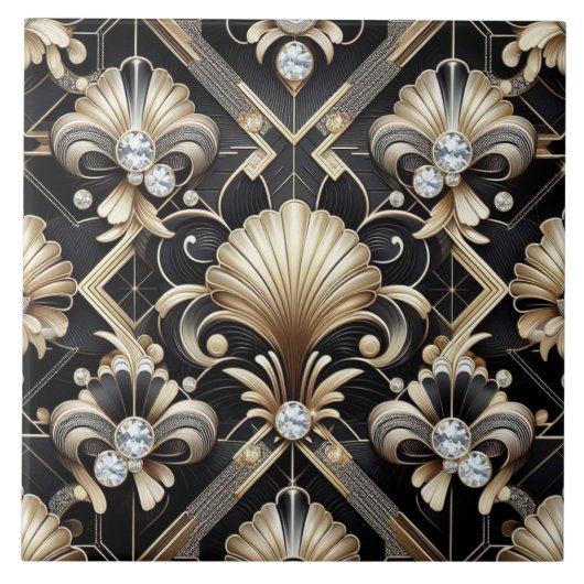 Luxe Zwart & Goud Art Deco Keramische Tegel Tegeltje (Voorkant)