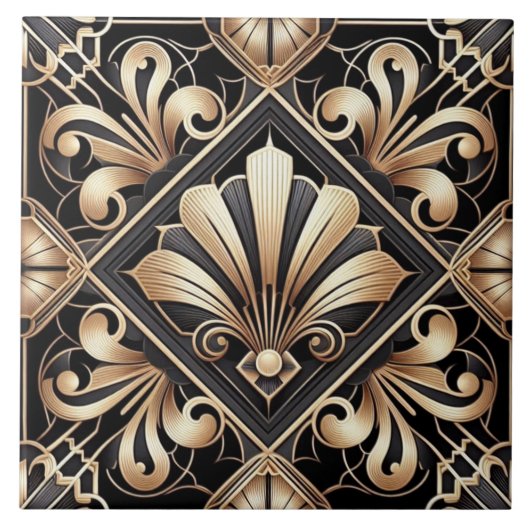 Luxe Zwart & Goud Art Deco Keramische Tegel Tegeltje (Voorkant)
