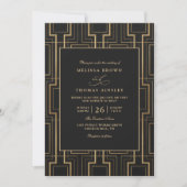 Luxe Zwart & Goud Art Deco QR Code Bruiloft Kaart (Voorkant)