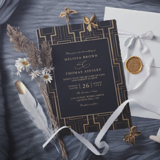 Luxe Zwart & Goud Art Deco QR Code Bruiloft Kaart