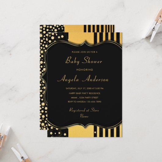Luxe Zwart Goud Baby Meisje Douche Invitation Kaar (Voorkant / Achterkant in situ)