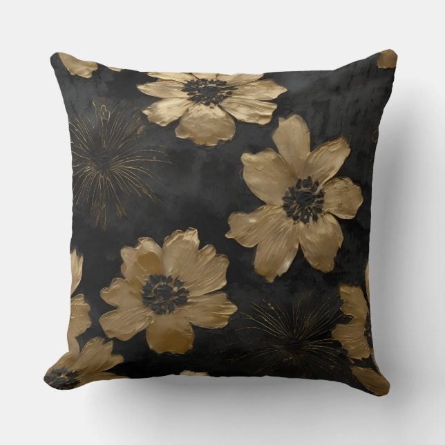 Luxe Zwart Goud Bloemen Home Decor Kussen (Voorkant)
