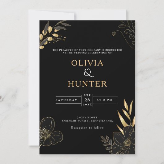 Luxe Zwart & Goud Bloemen minimale Elegante Foto Kaart (Voorkant)