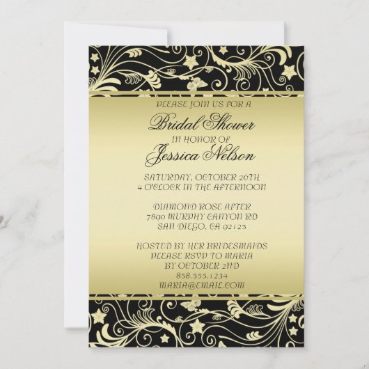 Luxe Zwart Goud Bloemen Swirls Douche Invite Kaart (Voorkant)