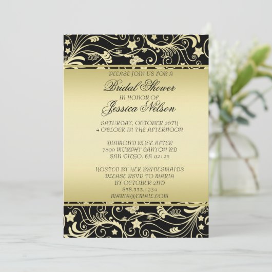 Luxe Zwart Goud Bloemen Swirls Douche Invite Kaart (Staand voorkant)