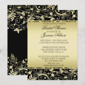 Luxe Zwart Goud Bloemen Swirls Douche Invite Kaart (Voorkant / Achterkant)