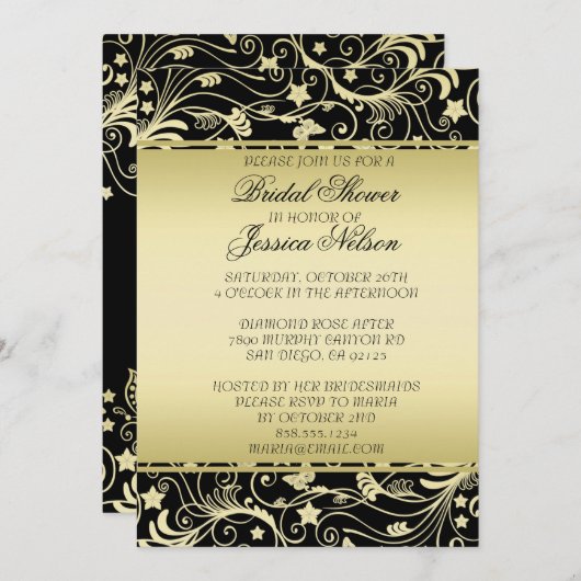 Luxe Zwart Goud Bloemen Swirls Douche Invite Kaart (Voorkant / Achterkant)
