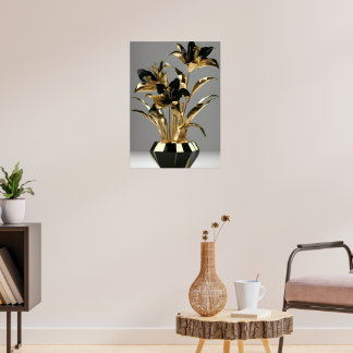 Luxe Zwart & Goud Bloemenvase Muur Kunst Poster | 