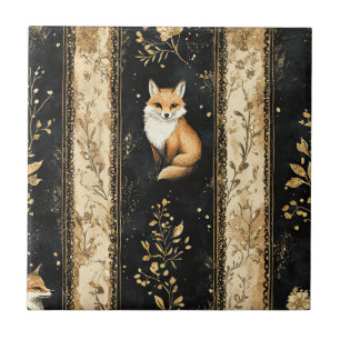 Luxe zwart & goud botanisch patroon met vos (1) tegeltje