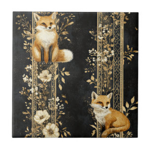 Luxe zwart & goud botanisch patroon met vos (2) tegeltje