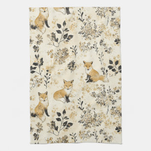 Luxe Zwart & Goud Botanische Vos Kunst (3) Theedoek