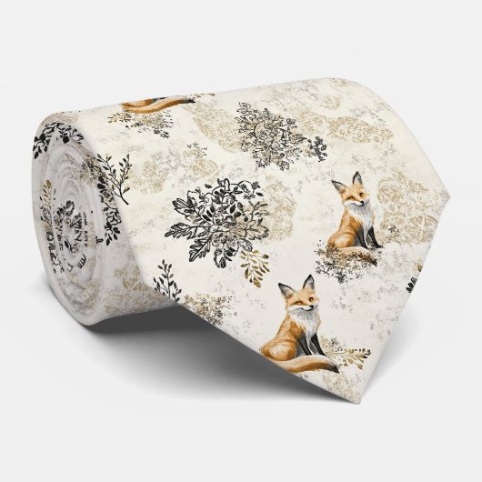 Luxe Zwart & Goud Botanische Vos Kunst Stropdas (Opgerold)