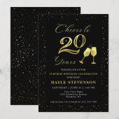 Luxe Zwart Goud Confetti Proost op 20e Verjaardag Kaart (Voorkant / Achterkant)