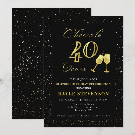 Luxe Zwart Goud Confetti Proost op 40e Verjaardag Kaart (Voorkant / Achterkant)