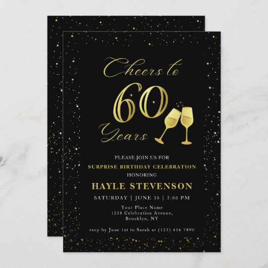 Luxe Zwart Goud Confetti Proost op 60e Verjaardag Kaart (Voorkant / Achterkant)