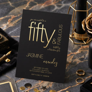 Luxe Zwart Goud Elegant 50 & Prachtige Verjaardag Folie Uitnodiging