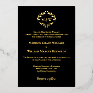 Luxe zwart goud elegante krans monogram bruiloft folie feestdagenkaart