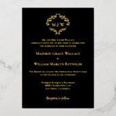 Luxe zwart goud elegante krans monogram bruiloft folie feestdagenkaart (Voorkant)