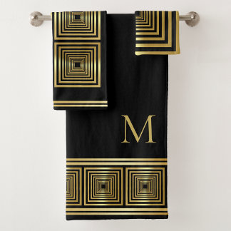 Luxe zwart goud elegante monogram Handdoek set