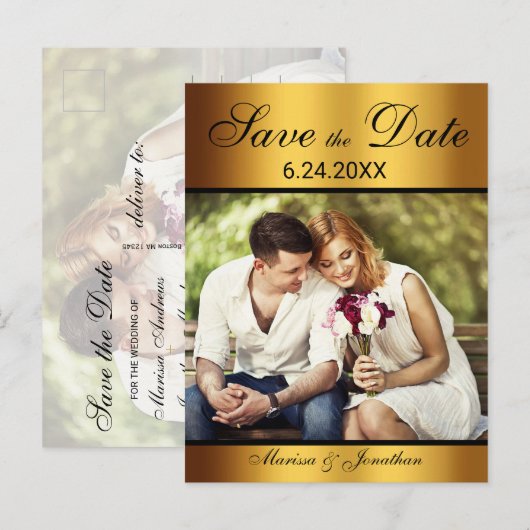 Luxe Zwart Goud Foto Bruiloft Save the Date Aankondigingskaart (Voorkant / Achterkant)