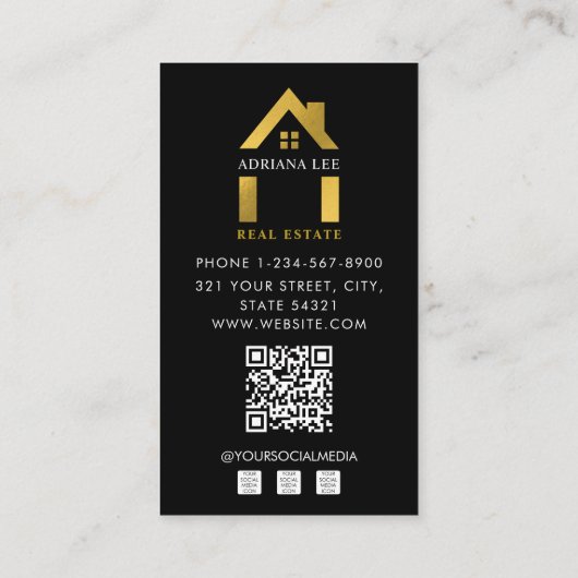 Luxe Zwart Goud Foto Makelaar QR Code Visitekaartje (Achterkant)