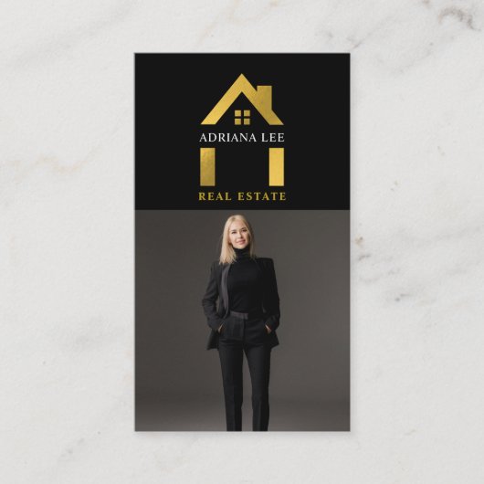 Luxe Zwart Goud Foto Makelaar QR Code Visitekaartje (Voorkant)